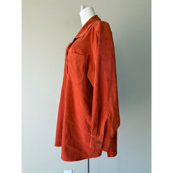 basic editions 90s faux suede burnt orange button front long sleeve shirt - Picture 3 of 6